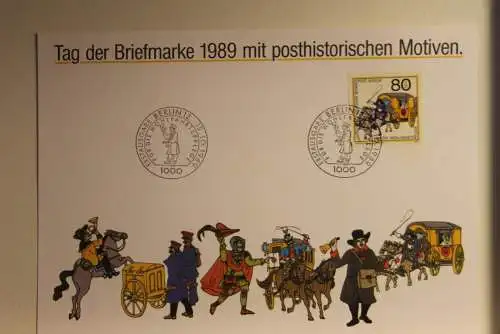 BRD; Sonderblatt,Erinnerungsblatt,Gedenkblatt: Tag der Briefmarke 1989;ESST;Sonderstempel Berlin; Posthistorische Motive