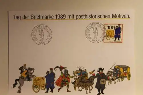 BRD; Sonderblatt,Erinnerungsblatt,Gedenkblatt: Tag der Briefmarke 1989;ESST;Sonderstempel Berlin; Posthistorische Motive