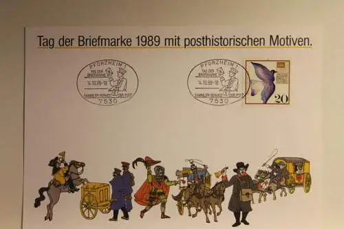 BRD; Sonderblatt,Erinnerungsblatt,Gedenkblatt:Tag der Briefmarke 1989;Sonderstempel Pforzheim; Posthistorische Motive