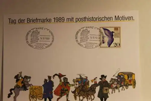 BRD; Sonderblatt,Erinnerungsblatt,Gedenkblatt:Tag der Briefmarke 1989;Sonderstempel Mainz; Posthistorische Motive