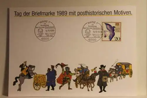 BRD; Sonderblatt,Erinnerungsblatt,Gedenkblatt:Tag der Briefmarke 1989;Sonderstempel Mainz; Posthistorische Motive