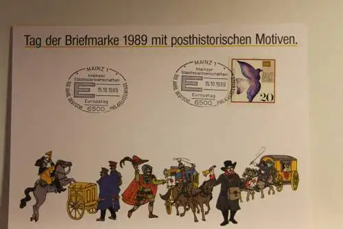 BRD; Sonderblatt,Erinnerungsblatt,Gedenkblatt:Tag der Briefmarke 1989;Sonderstempel Mainz; Posthistorische Motive