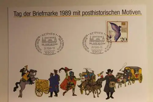 BRD; Sonderblatt,Erinnerungsblatt,Gedenkblatt:Tag der Briefmarke 1989;Sonderstempel Netphen; Posthistorische Motive