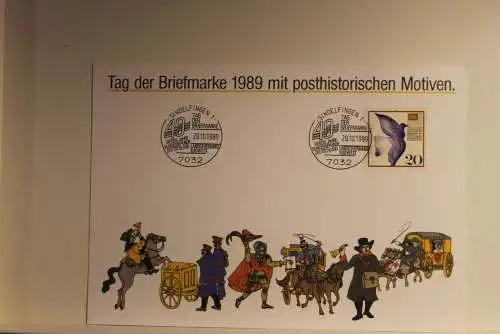 BRD; Sonderblatt,Erinnerungsblatt,Gedenkblatt:Tag der Briefmarke 1989;Sonderstempel Sindelfingen; Posthistorische Motive