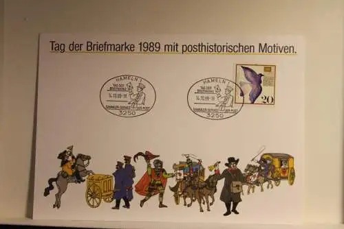 BRD; Sonderblatt,Erinnerungsblatt,Gedenkblatt:Tag der Briefmarke 1989;Sonderstempel Hameln; Posthistorische Motive