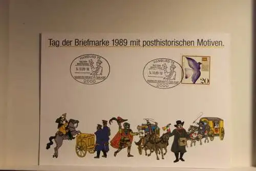BRD; Sonderblatt,Erinnerungsblatt,Gedenkblatt:Tag der Briefmarke 1989;Sonderstempel Hamburg; Posthistorische Motive