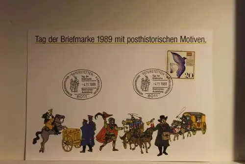 BRD; Sonderblatt,Erinnerungsblatt,Gedenkblatt:Tag der Briefmarke 1989;Sonderstempel Vaterstetten; Posthistorische Motive