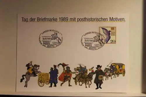 BRD; Sonderblatt,Erinnerungsblatt,Gedenkblatt: Tag der Briefmarke 1989;Sonderstempel Langen; Posthistorische Motive