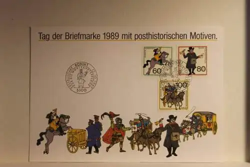BRD; Sonderblatt,Erinnerungsblatt,Gedenkblatt: Tag der Briefmarke 1989;ESST Bonn;Posthistorische Motive