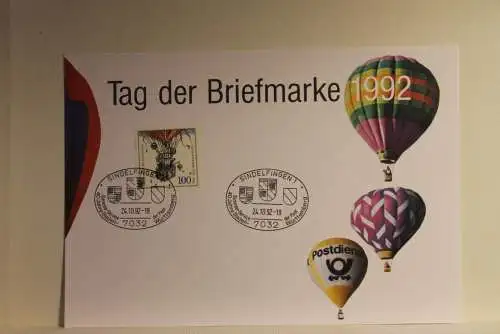 BRD; Sonderblatt,Erinnerungsblatt,Gedenkblatt: Tag der Briefmarke 1992; Sonderstempel Sindelfingen