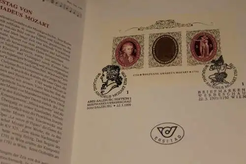 Österreich; Mozart-Gedenkblatt 1991, Ersttag, Block in Klappkarte DIN A5