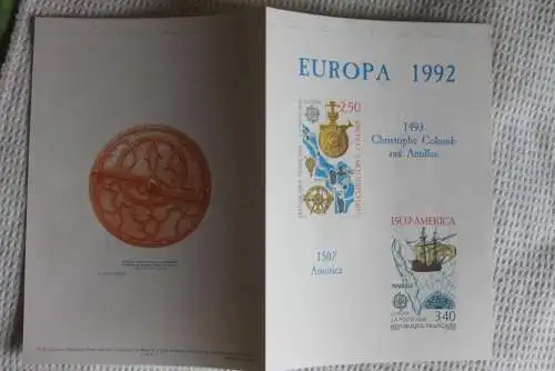 Frankreich; ETB, 1992; Ersttagsblatt: CEPT, EUROPA; Entdeckung Amerikas, Columbus, ETB: 13-92