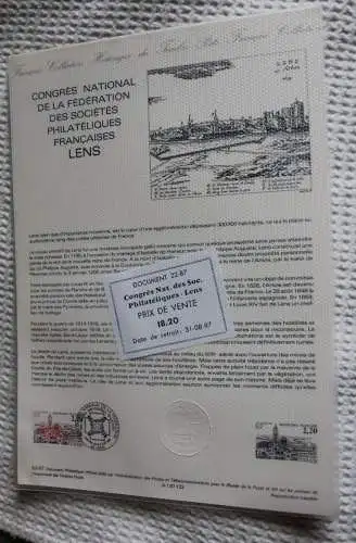 Frankreich; ETB, 1987, Ersttagsblatt: Kongress des Philatelistenverbandes in Lens; ETB: 22-87