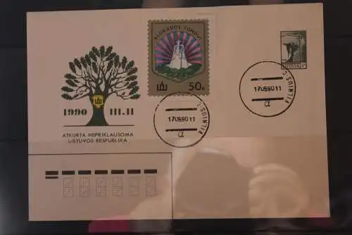 Lietuva 1990, Ganzsache mit zugeklebter Marke; Ersttagsstempel