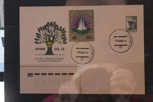 Lietuva 1990, Ganzsache mit zugeklebter Marke; Ersttagsstempel