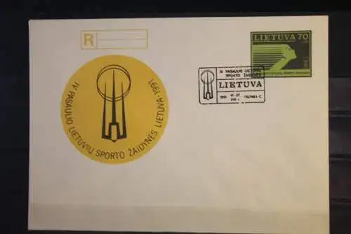 Lietuva 1991, Ganzsache, Sporto; R-Brief-Ganzsache, Ersttagsstempel