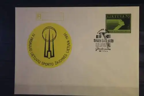 Lietuva 1991, Ganzsache, Sporto; R-Brief-Ganzsache, Ersttagsstempel