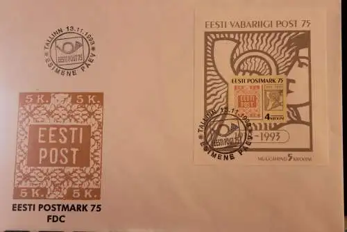 Eesti 1993, 75 Jahre POST, Block 5, FDC; FDC 1993/13