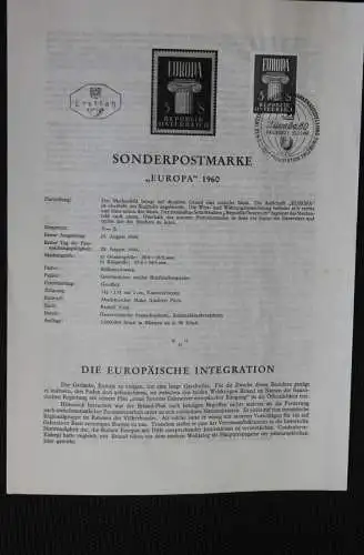 EUROPA CEPT 1960; Legende, Erläuterungsblatt, Ankündigungsblatt, Ersttagsblatt; 29. Aug. 1960