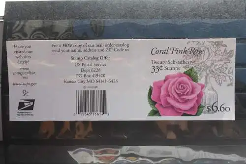 Coral Pink Rose; 20 Self adhesive 33 C. Stamps, 1999