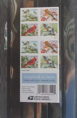 Songbirds in Snow; 20 First-Class Forever Self-adhesive Stamps, 2016