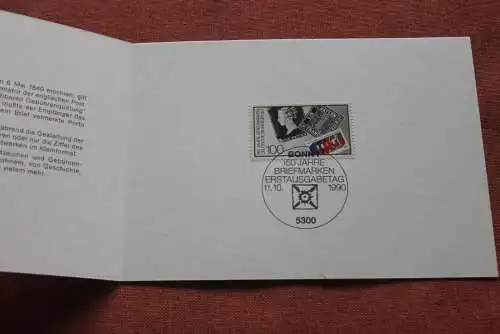 Silberkarte; Zentrale Klappkarte mit Postwertzeichen - Kontaktgabe: 150 Jahre Briefmarken; 11.10.1990, MiNr. 1479