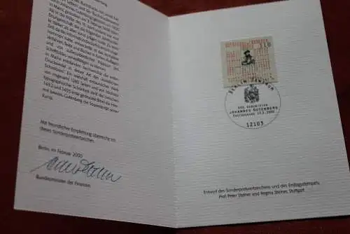 Ministerkarte zum Ausgabeanlaß:  "600. Geburtstag Johannes Gutenberg", 17. 2. 2000 ; MiNr. 2098