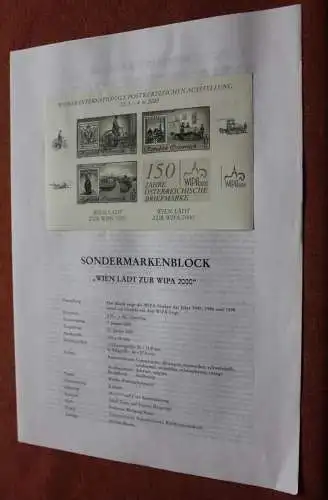 Wien lädt zur WIPA 2000; Blockausgabe ; Österreich Amtl. Schwarzdruck auf Erläuterungsblatt,; 21. Jan. 2000