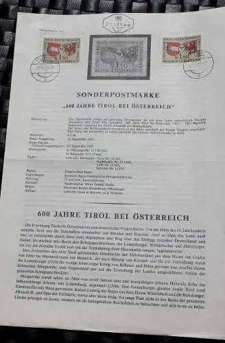 600 Jahre Tirol bei Österreich; Legende, Erläuterungsblatt, Ankündigungsblatt, Ersttagsblatt; 27. Sept.1963