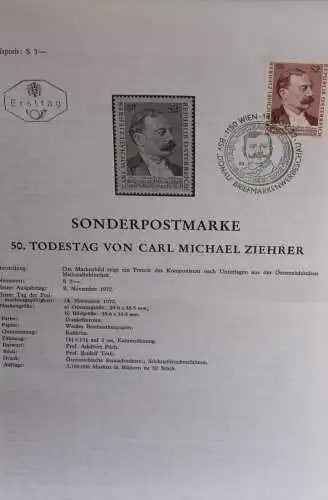 Carl Michael Ziehrer; Legende, Erläuterungsblatt, Ankündigungsblatt, Ersttagsblatt; 14. Nov. 1972