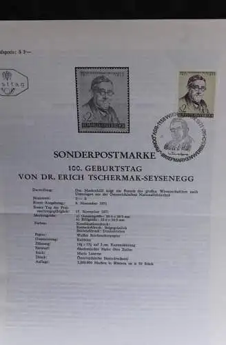 Dr. Erich Tschermak-Seysenegg; Legende, Erläuterungsblatt, Ankündigungsblatt, Ersttagsblatt; 15. Nov. 1971