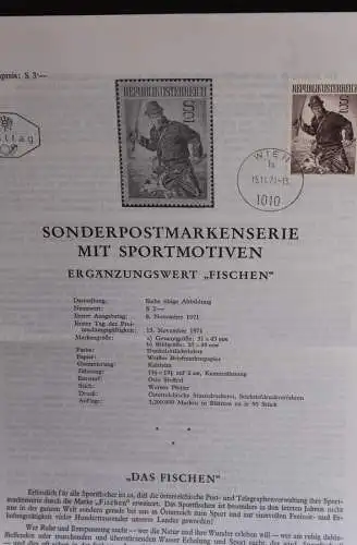 Sportmotive: Fischen; Legende, Erläuterungsblatt, Ankündigungsblatt, Ersttagsblatt; 15. Nov. 1971