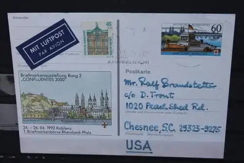 Sonderpostkarte: Briefmarkenbörse Rheinland-Pfalz 1992 Koblenz; PSo26, Ohne Fluoreszenzbalken