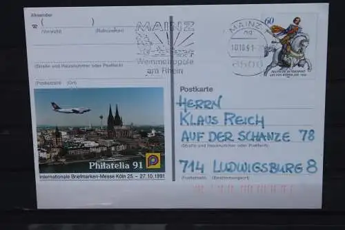 Sonderpostkarte: Philatelia 91; PSo25, Ersttagsstempel Mainz, befördert, codiert