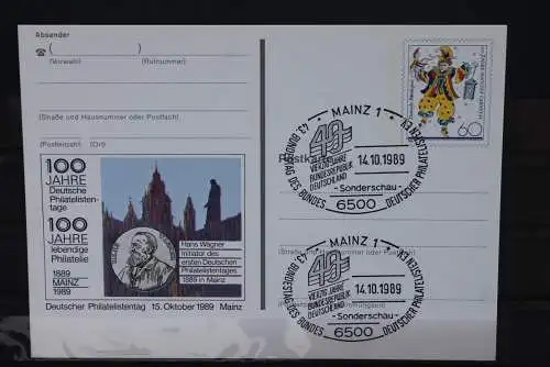 Sonderpostkarte: 100 Jahre Philatelistentage 1989 Mainz; PSo18; Sonderstempel Mainz