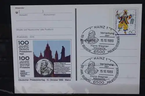 Sonderpostkarte: 100 Jahre Philatelistentage 1989 Mainz; PSo18; Ersttags-Sonderstempel Mainz