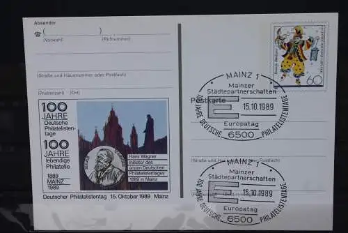 Sonderpostkarte: 100 Jahre Philatelistentage 1989 Mainz; PSo18; Ersttags-Sonderstempel Mainz:Europatag