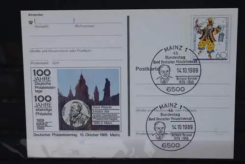 Sonderpostkarte: 100 Jahre Philatelistentage 1989 Mainz; PSo18; Sonderstempel Mainz
