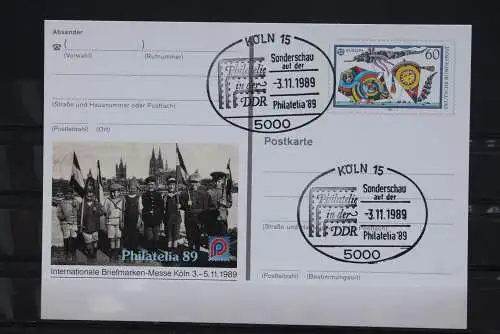 Sonderpostkarte: Philatelia 1989 Köln; PSo19, Ersttags-Sonderstempel Köln:DDR-Philatelie