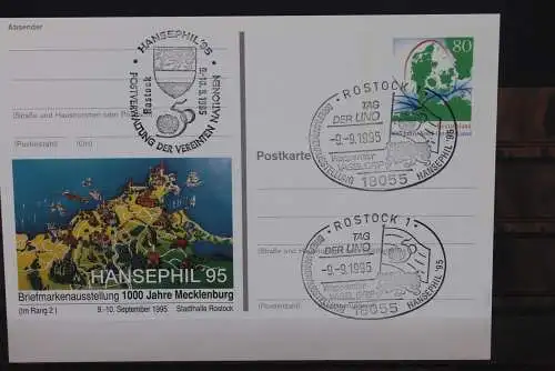 Sonderpostkarte: HANSEPHIL 95; PSo38, Sonderstempel Rostock und UN-Stempel