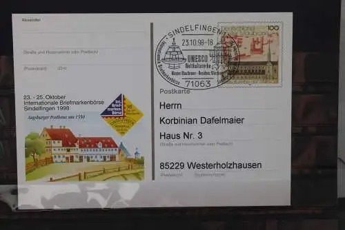 Sonderpostkarte: Int. Briefmarkenbörse Sindelfingen 1998; PSo55; Sonderstempel Sindelfingen