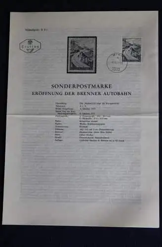 Eröffnung der Brenner Autobahn; 8.10.1971; Legende, Erläuterungsblatt, Ersttagsblatt, ETB