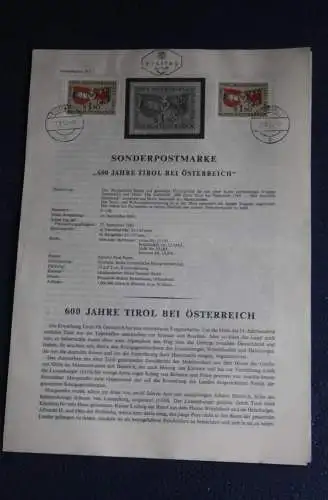 600 Jahre Tirol bei Österreich, 27.9.1963; Ankündigungsblatt, Ersttagsblatt