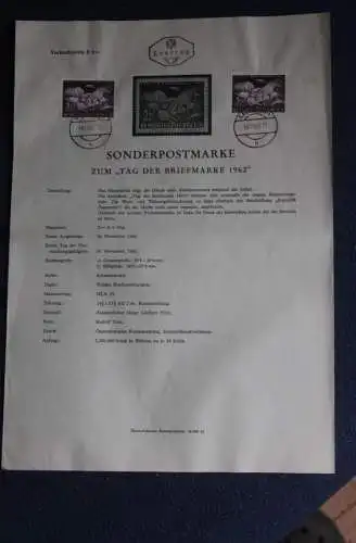 Tag der Briefmarke 1962,  30.11.1962; Ankündigungsblatt, Ersttagsblatt
