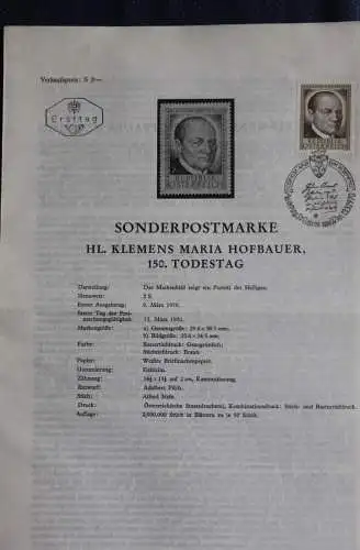 Hl. Klemens Maria Hofbauer; 13.3.1970; Ankündigungsblatt; Ersttagsblatt
