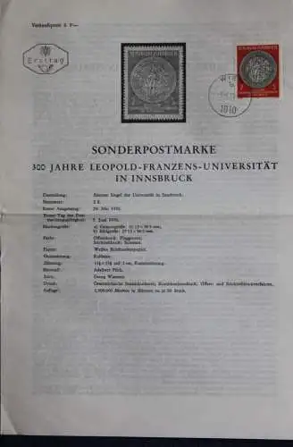 300 Jahre Leopold-Franzens-Universität Innsbruck; 5.6.1970; Ankündigungsblatt; Ersttagsblatt