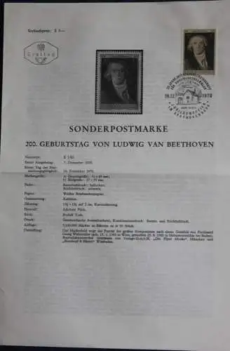 200. Geburtstag Ludwig van Beethoven; 16.12.1970; Ankündigungsblatt; Ersttagsblatt