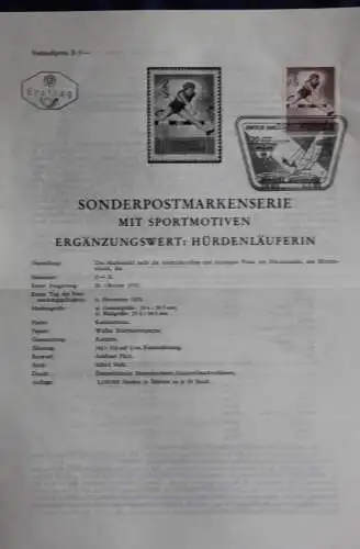 Sportmotiv Ergänzungswert: Hürdenläuferin; 6.11.1970; Ankündigungsblatt; Ersttagsblatt
