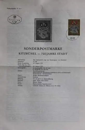 Kitzbühel - 700 Jahre Stadt; 23.8.1971; Ankündigungsblatt; Ersttagsblatt