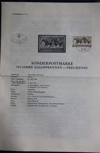 100 Jahre Galopprennen - Freudenau; 4.6.1968; Ankündigungsblatt; Ersttagsblatt